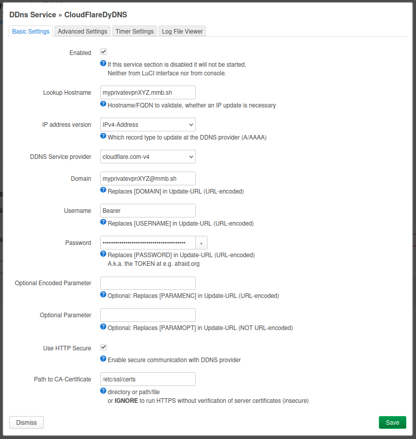 OpenWrt DDNS service popup - Basic Settings for Cloudflare.