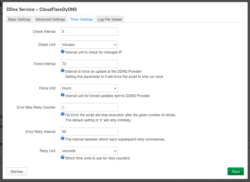 OpenWrt DDNS service popup - Timer Settings for Cloudflare.