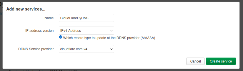 OpenWrt Dynamic DNS page: first step to add a Cloudflare DDNS service.
