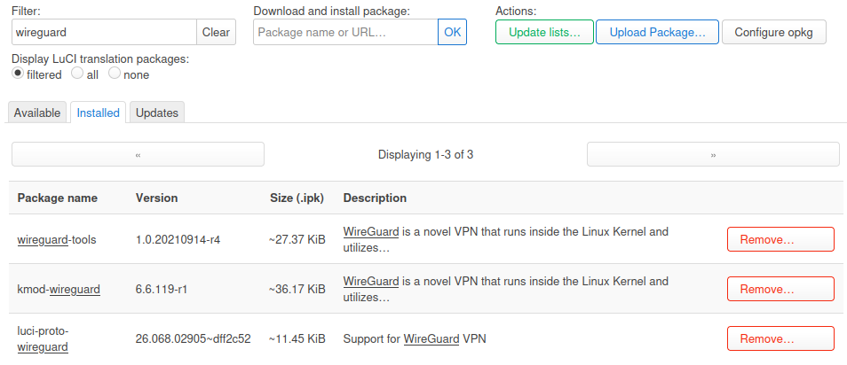 LuCI software page showing the WireGuard packages after clicking Update lists and filtering for wireguard
