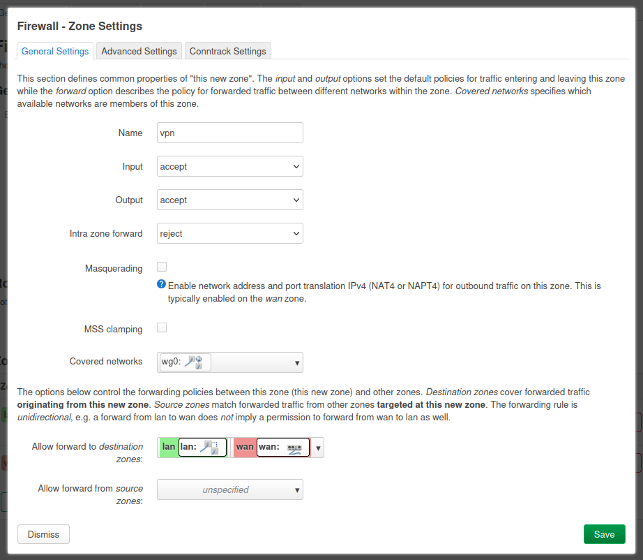 Screenshot of the new OpenWrt vpn zone configuration for WireGuard.