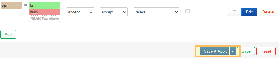 Screenshot of VPN wg0 configuration saving button.