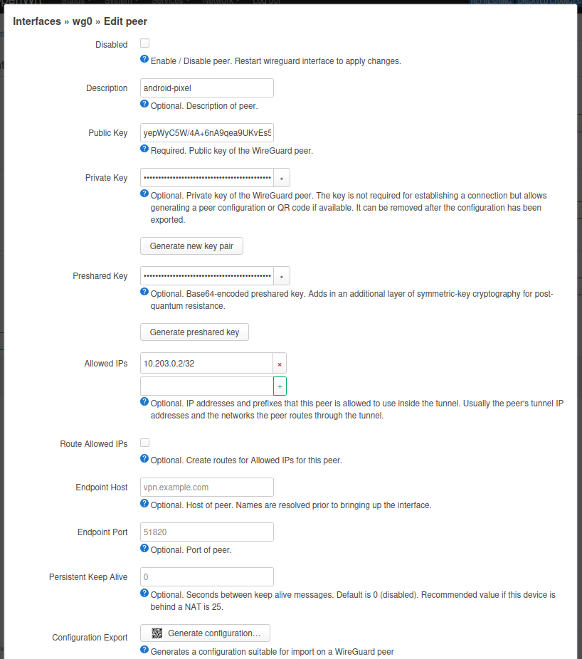 OpenWrt WireGuard peer settings example for an Android client.