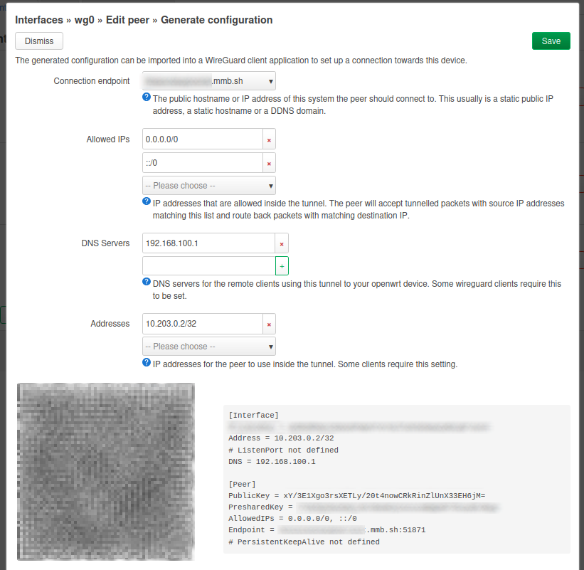 OpenWrt generated Android WireGuard configuration with QR code.