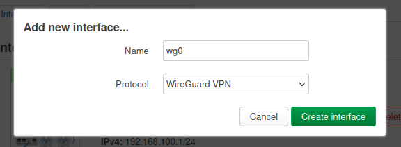 LuCI interface creation dialog with WireGuard VPN selected as the protocol for wg0