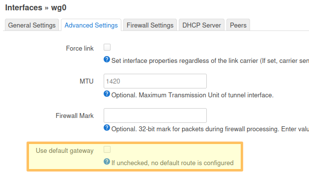 Screenshot of advanced wg0 configuration screen with disable default gateway.