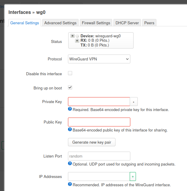 LuCI WireGuard interface showing the Generate new key pair button