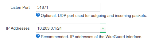 Screenshot of main wg0 configuration screen with 10.203.0.1/24 and the chosen listen port.