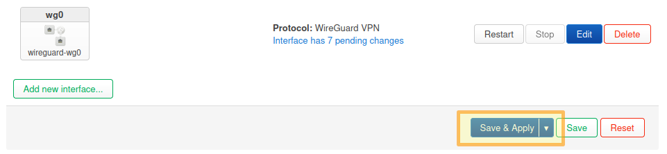 Screenshot of VPN wg0 configuration saving button.