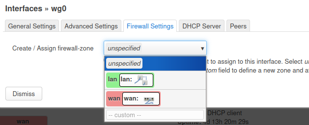 Screenshot of VPN wg0 configuration screen with default configuration.