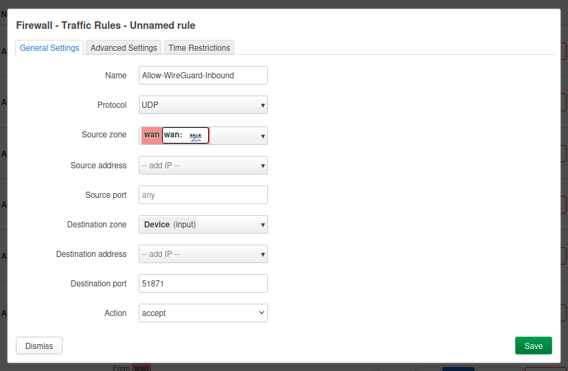 OpenWrt traffic rule allowing inbound WireGuard UDP traffic from WAN to this device.